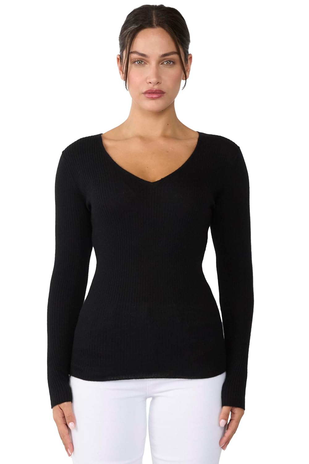 JENNIE LIU Womens 100 Cashmere V-Neck Sweater Ribbed Tissue Weight Cashmere Sweaters for Women