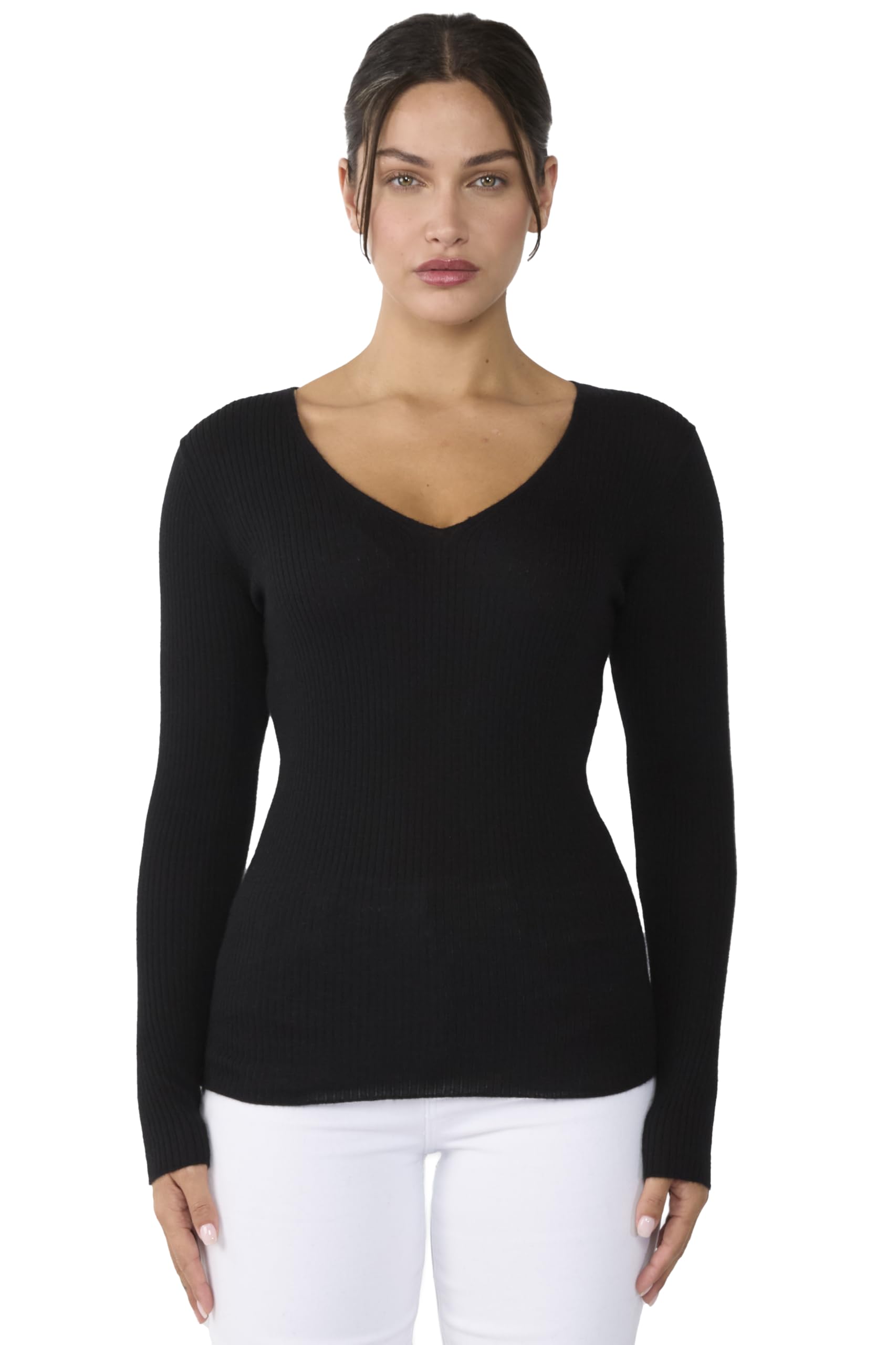 JENNIE LIU Womens 100 Cashmere V-Neck Sweater Ribbed Tissue Weight Cashmere Sweaters for Women