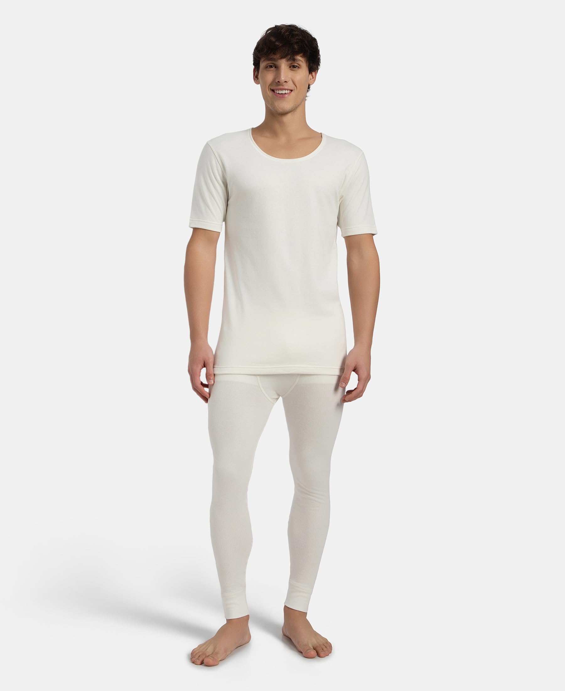 Jockey 2402 Men's Super Combed Cotton Rich Brushed Fabric Half Sleeved Thermal Undershirt with StayWarm Technology_Off White_L