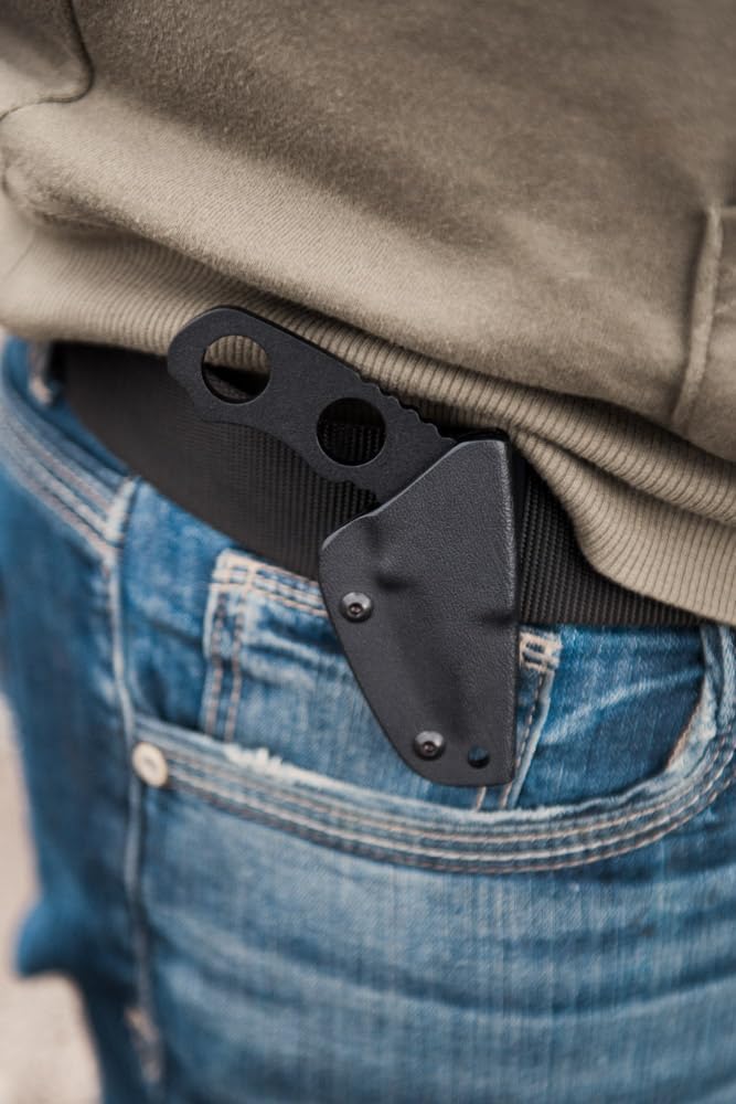 Tops Knives Devils Elbow Full Tang Fixed Blade- Black Traction Coating Finish- Black Kydex Sheath w/Rotating Spring Steel Clip (Skeletonized Handle)