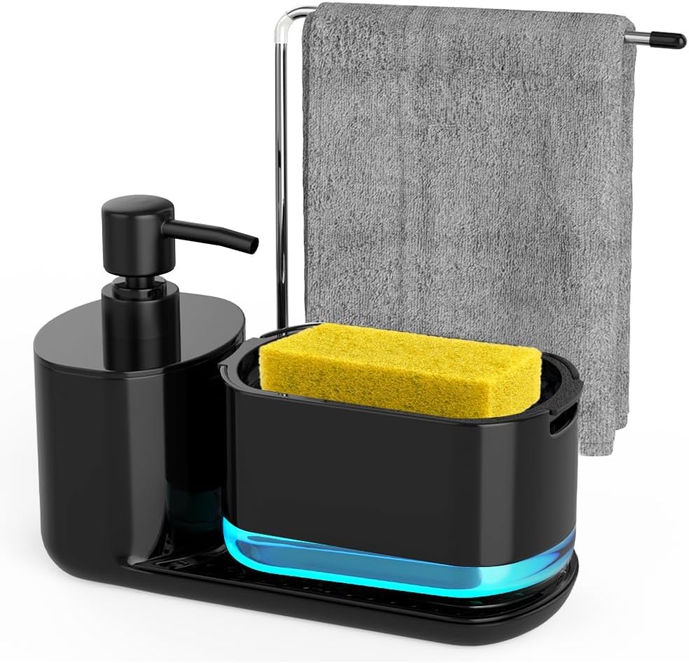 Kitchen Soap Dispenser Set with Tray and Sponge Holder, Dish and Hand Soap Dispenser with Dishcloth Holder 4-in-1 Kitchen Sink Countertop Storage Organizer, Useful Kitchen Gadgets