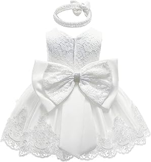 Baby Christening Dress Lace Pageant Baptism Wedding Formal Bowknot Birthday Party Tutu Flower Girls Dress w/Headwear - Buy now