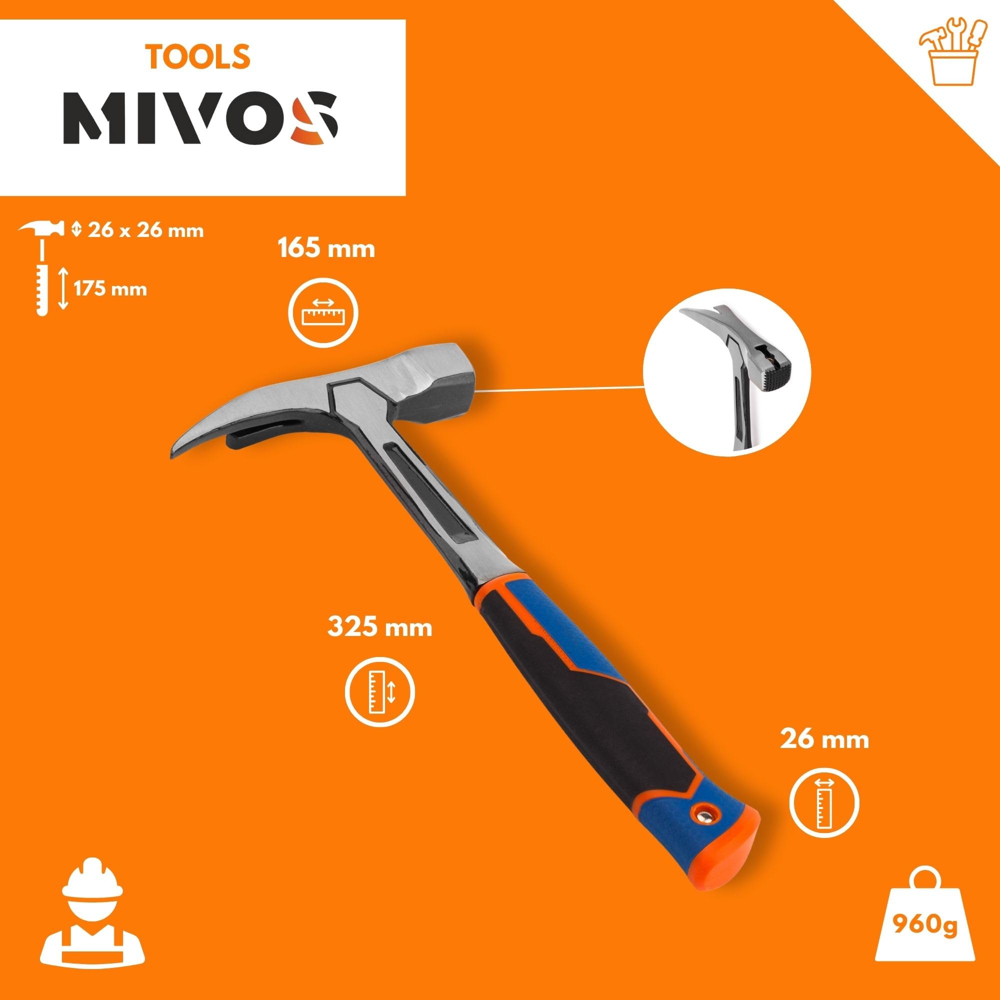 Mivos Roofing Hammer 600 g Head Weight, Forged All Steel, Claw Hammer with Anti-Vibration Handle - Image 3