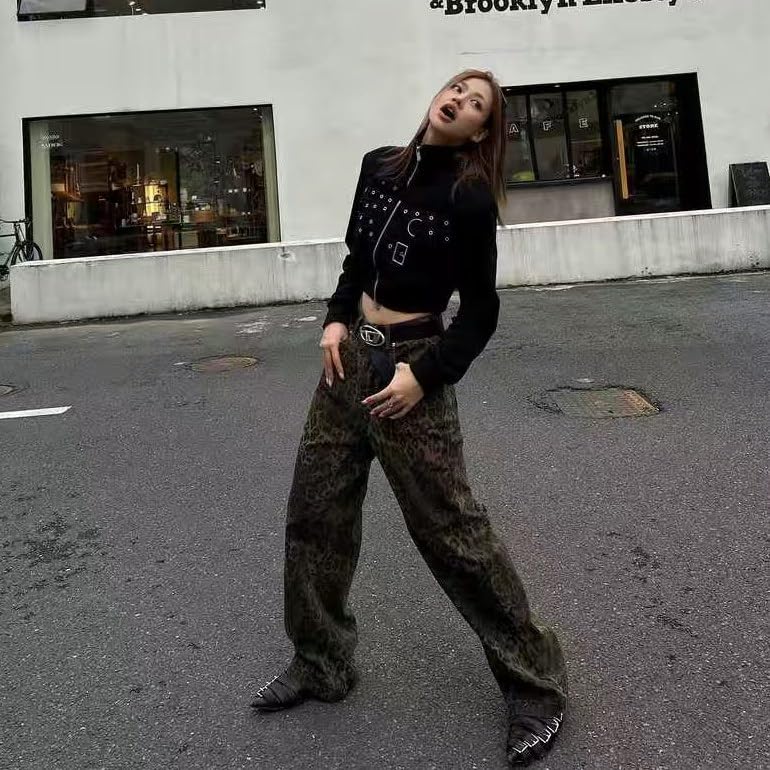 Leopard Print Jeans for Women Men - Y2k Aesthetic Cargo Pants, Baggy Wide Leg, Small4