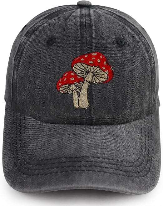 Mushroom Embroidered Black Baseball Cap Vintage Washed Adjustable Dad Hat for Men & Women