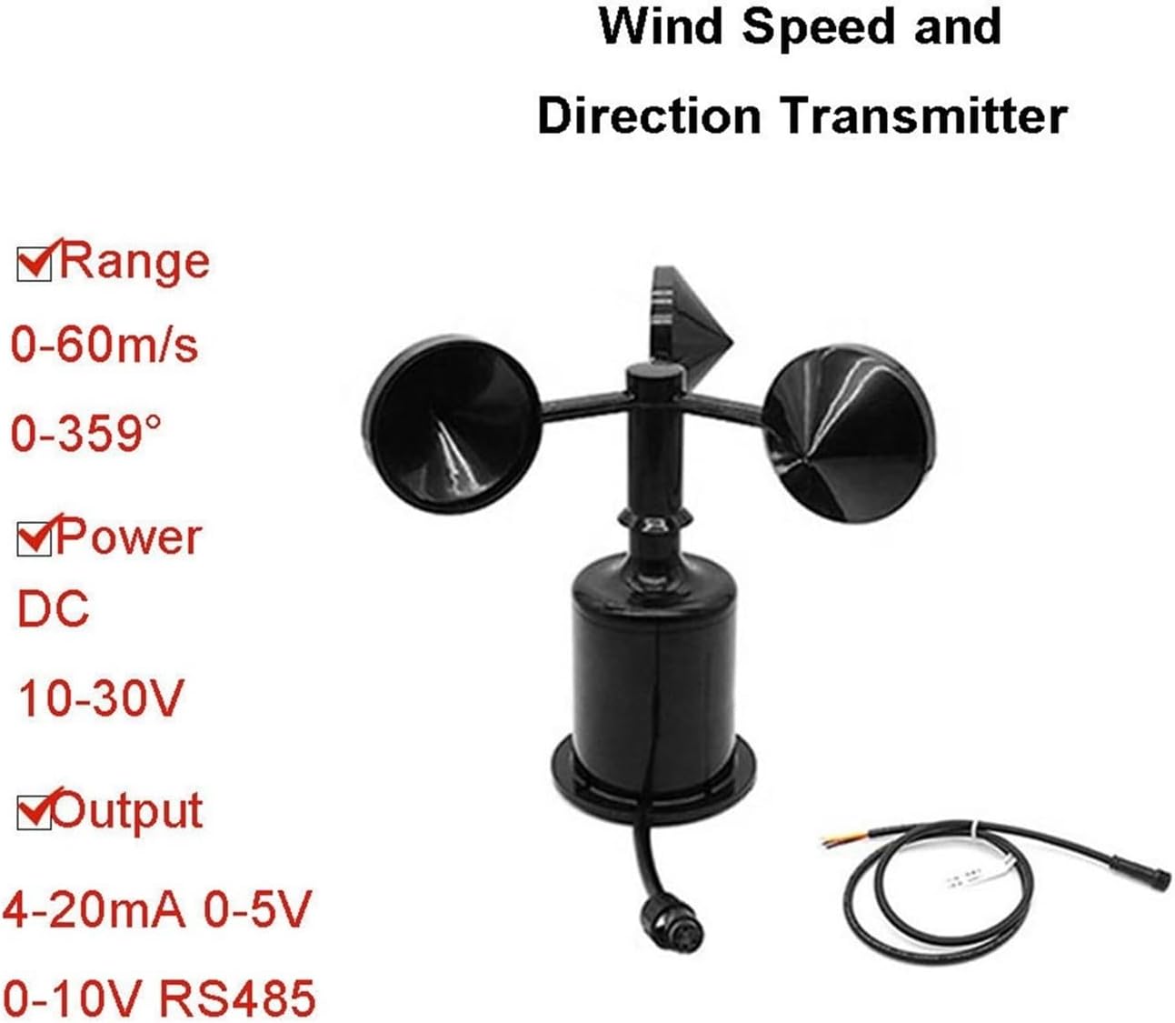 Wind Speed Sensor Wind Direction Three Cups Meteorological Site Tower Crane Mine Transmitter High Precision Meter for Environmental(4-20ma Output,Wind Speed)
