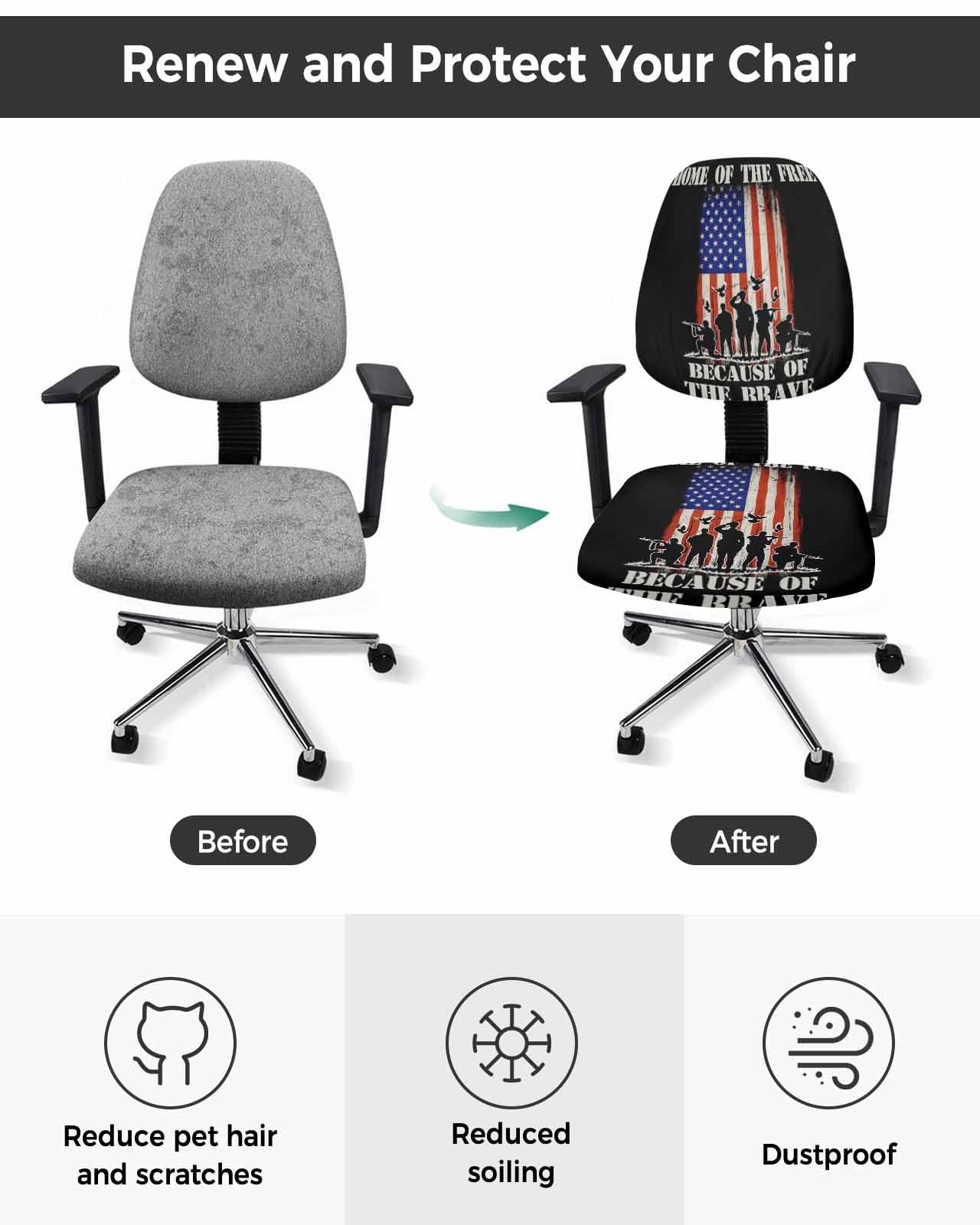 Independence Day 2 Pieces Computer Office Chair Covers Set,Stretchable Desk Rotating Chair Seat Cushion Slipcover Back Covers,Vintage Patriotic Flag Star Striped Slipcover Back Cover,Protectors Cover