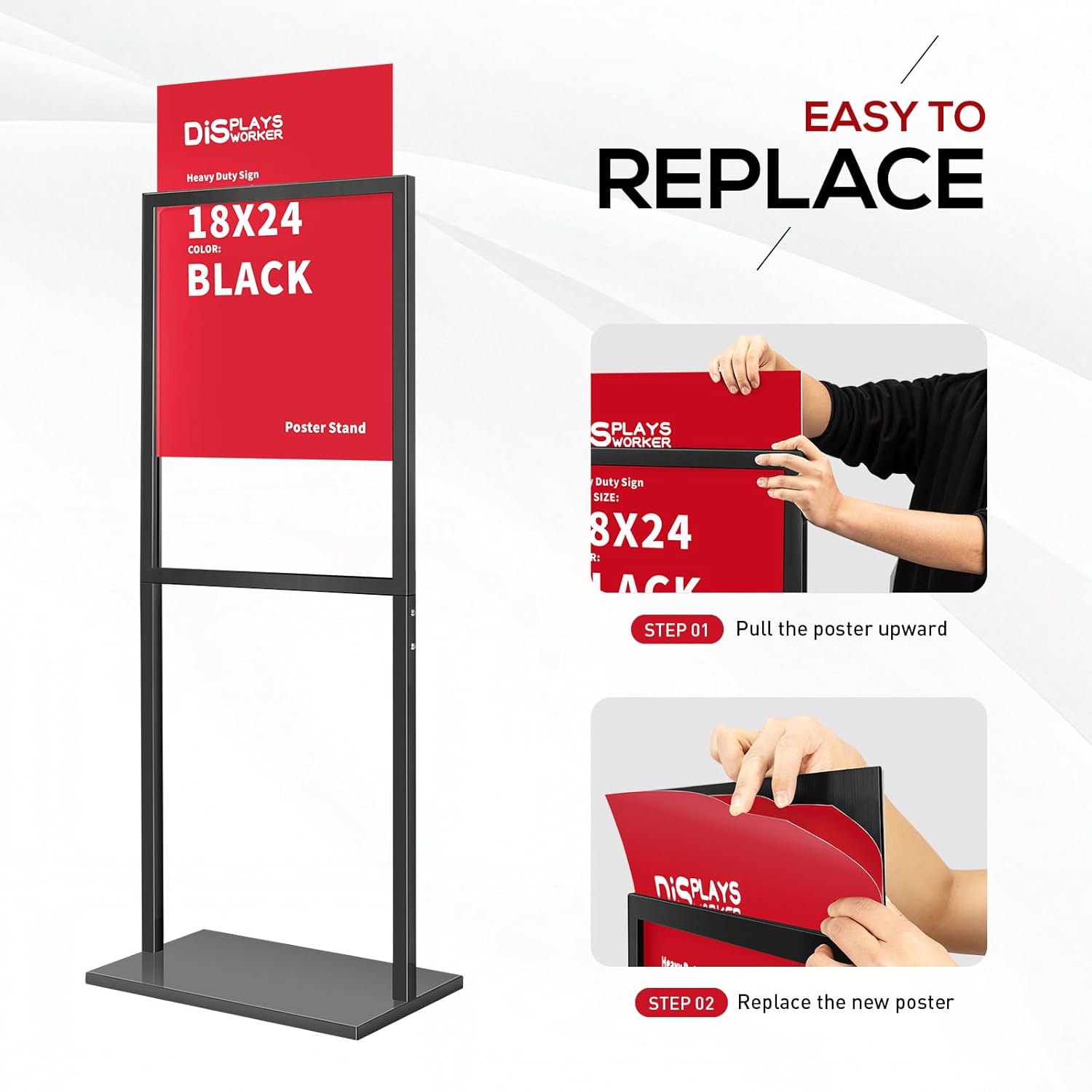 DISPLAYSWORKER Sign holder floor stand, heavy Duty Pedestal poster banner stand for display,18×24 inch slide-in double sided poster sign holder floor standing for board Display (Black, 18×24) - Image 4