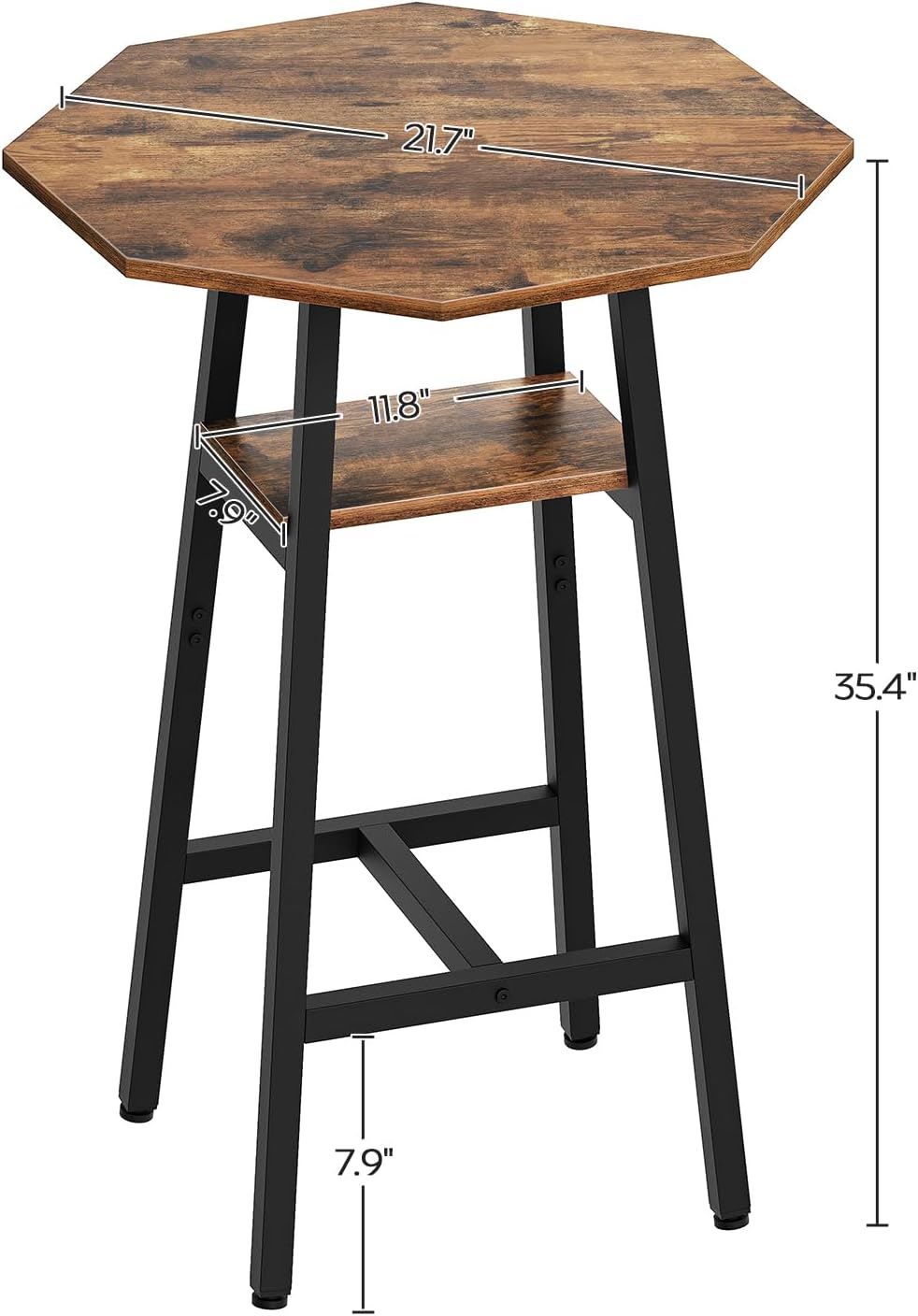 YATINEY Bar Table, Small Pub Table, 2-Tier with Storage, Octagonal Counter Pub Table with Top Particleboard and Sturdy Metal Support for Living Room, Dining Room, Home Bar, Cafe, Rustic Brown BT07BR
