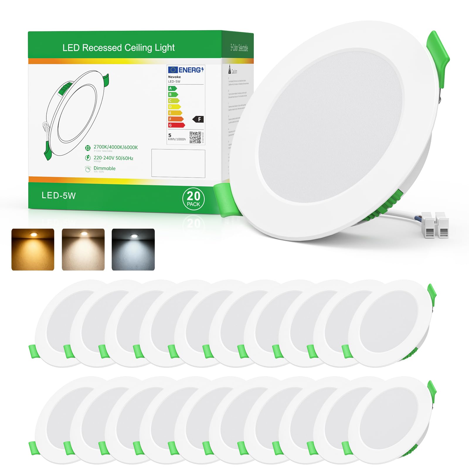 Spot LED Encastrable 5W Dimmable Lot de 20, 3 Températures 2700K/4000K/6000K, Spot Salle de Bain IP44, Trou 68–75mm, Spots de Plafond LED pour Rénovation Maison Cuisine Salon Chambre