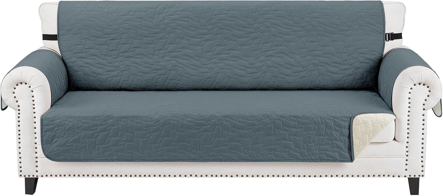CUCRAF Non Slip Quilted Sofa Cover, Water Resistant Slipcover Furniture Protector for 3 Cushion Sofa Pet Friendly, Washable Couch Cover with Adjustable Elastic Straps (Large, Dark Gray)