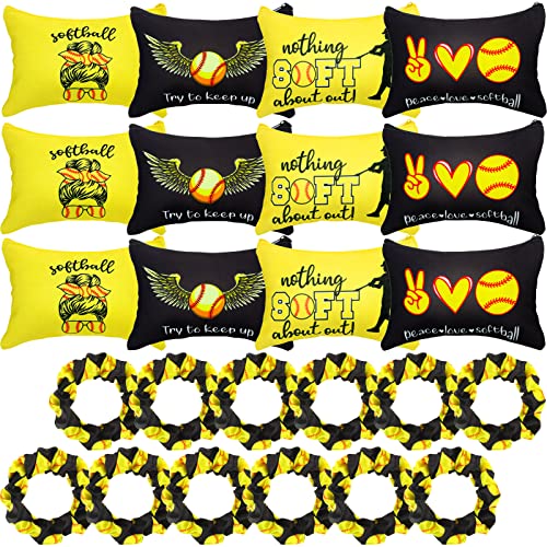 Kajaia 24 Pcs Softball Party Favors Softball Cosmetic Bag Sport Hair Scrunchies Bracelet Travel Pouch Canvas Makeup Bags Hair Ties Bands for Women Girls Team Gifts(Elegant)
