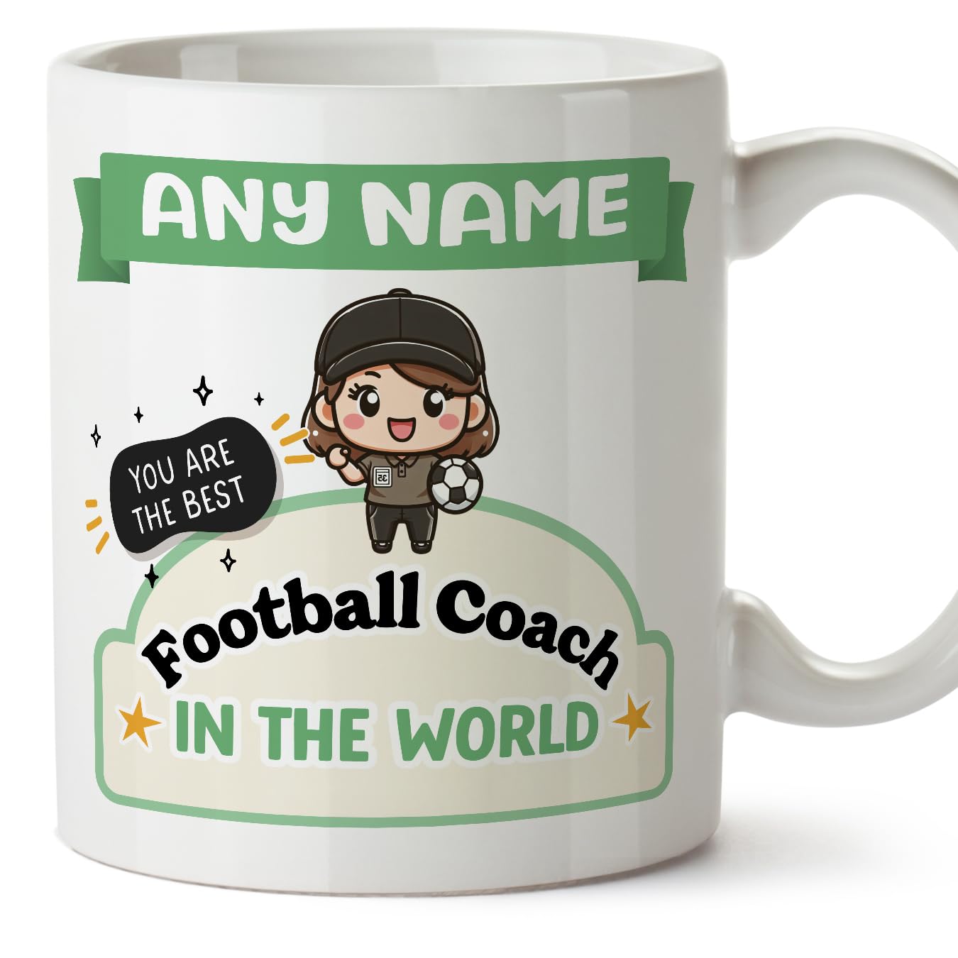 MUGFFINS Personalised Mug for Football Coach Woman - in English - Best in The World - Kawaii - Funny Custom Gift for Colleagues - Ceramic 11oz Mug