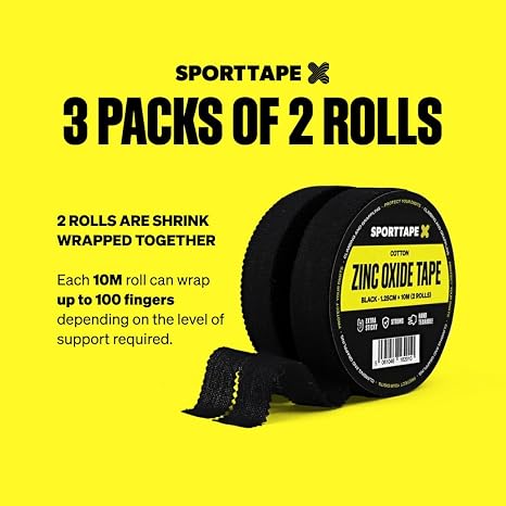 SPORTTAPE 6 Rolls (60m) Zinc Oxide Finger Tape, 1.25cm Strapping - Black | Sports Tape for BJJ, Climbing, Bouldering, Jiu Jitsu, Rowing, Golf, Sports Injury Strapping, Joint Protection (3 x Pack of 2)