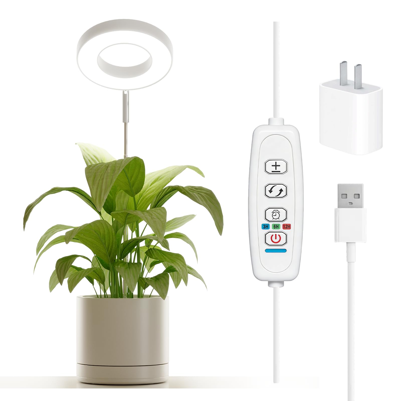 Bamworld Grow Light for Indoor Plants, Ring LED Full Spectrum Lamp 380-800nm, Adjustable Height Pot Insert, USB Powered, IP54 Waterproof [Energy Class A]