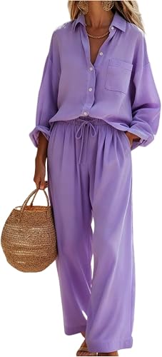 Women's Casual Linen Matching Sets Button Down Shirt And Wide Leg Pants