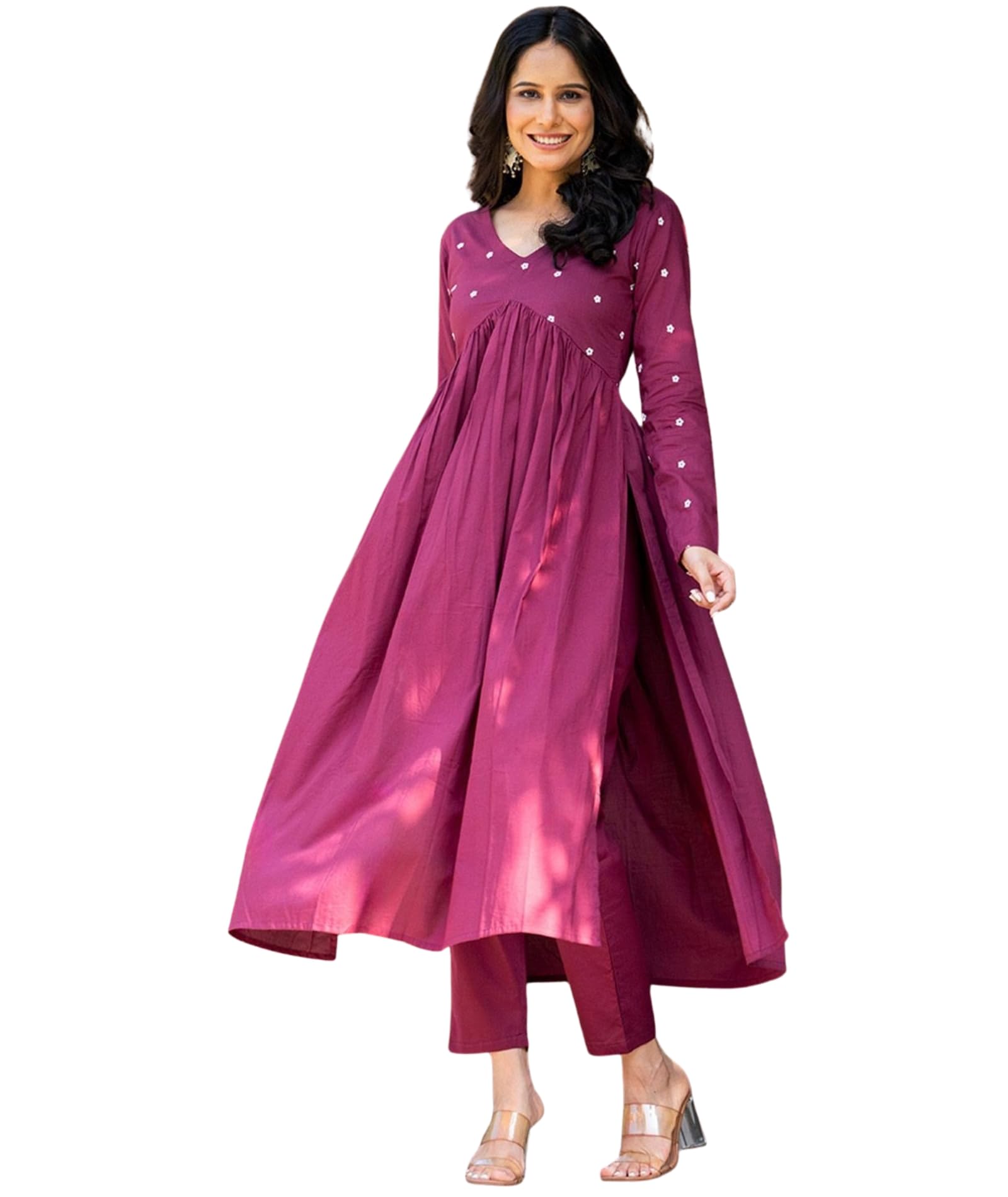 Berrylush Women Blue Embrodary Vnack Long Sleeves Kurta Set | A-Line Kurta with Pants | Ethnic Two Piece Set | Casual & Office Wear Coord for Women | Stylish Dress Wine in blue