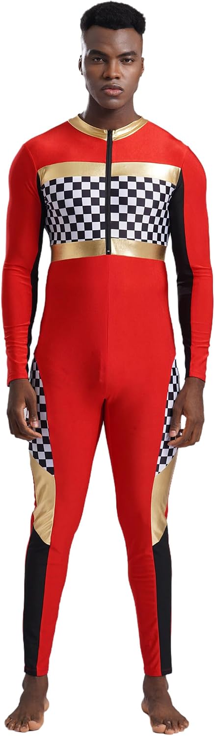 Jhaoyu Men's Race Car Driver Costume Jumpsuit Checkerboard Plaid Rompers Finish Line Racer Outfits