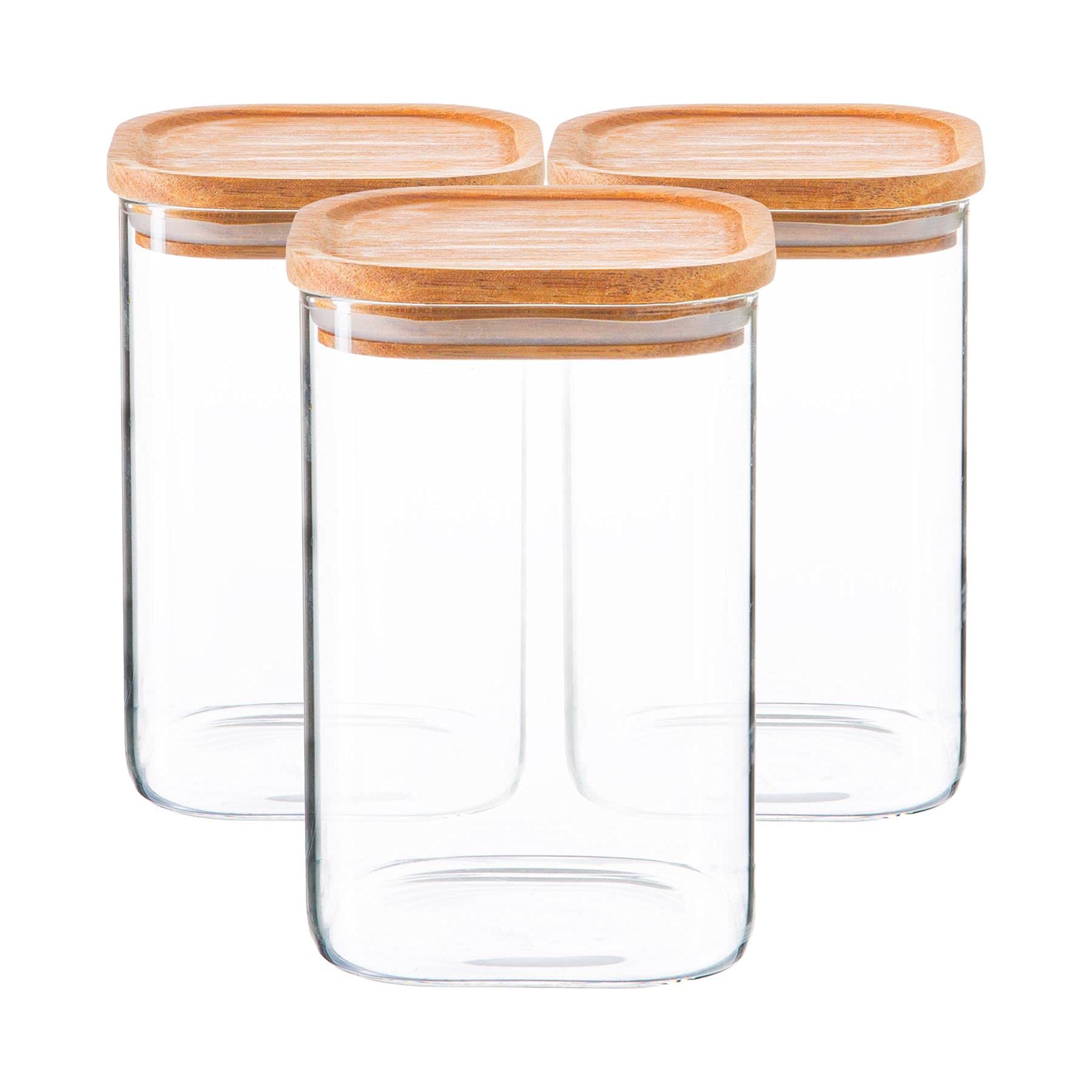 Argon Tableware Transparent Square Glass Storage Jars With Airtight Wooden Lids - 1100Ml - 3 Pack - Modern Kitchen Container Preserving Jars For Pickling, Chutney, Jam, Coffee, Olives, Sugar, Spices