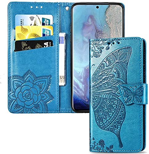 Image of ClickCase Butterfly Series for iPhone 15 Plus Leather Embossing Wallet Flip Case Kick Stand Magnetic Closure Flip Cover for iPhone 15 Plus (Sky Blue)