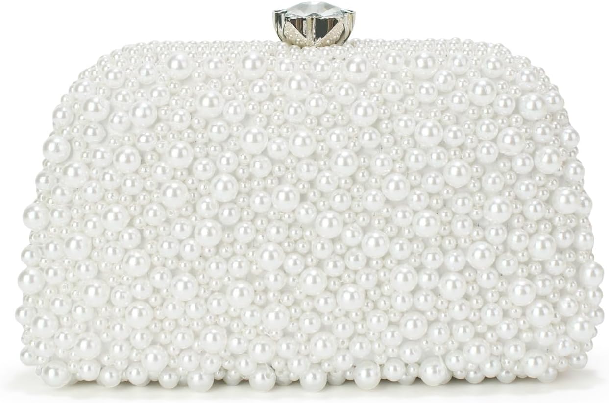 Women Pearl Clutch Purses Noble Crystal Beaded Evening Handbags with Pearl Chain for Wedding Bridal Party Prom