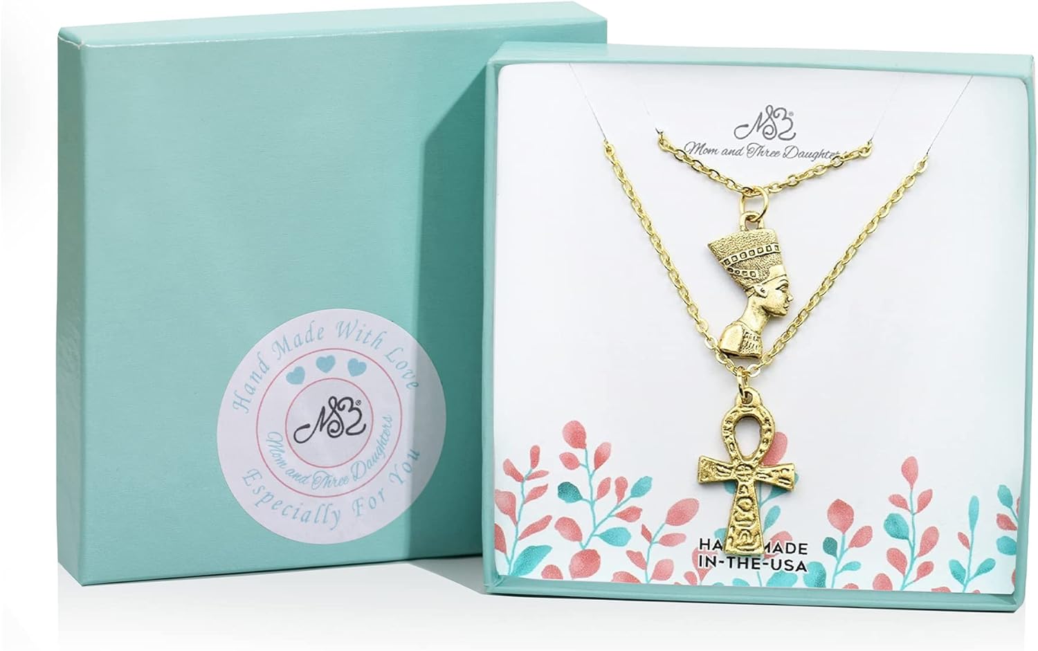 MOM & THREE DAUGHTERS Nefertiti and Ankh Layered Necklace Set. Gold Plated Pewter. 18" and 20" Chains.