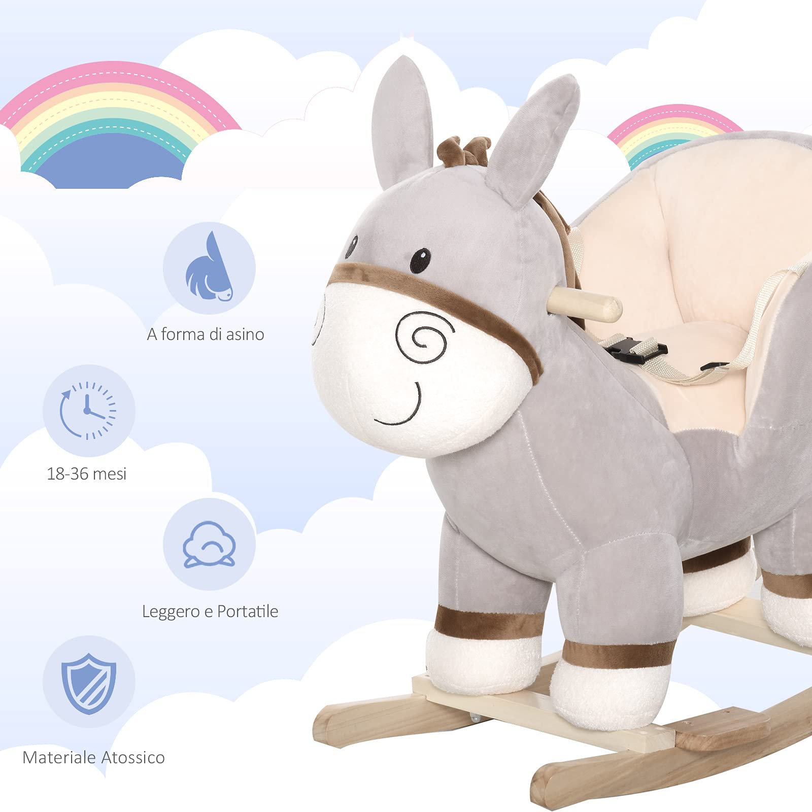 HOMCOM Cavallo a Dondolo per Bambini 18-36 Mesi, Cavalluccio a Dondolo a Forma di Asino con Suoni Realistici in Legno di Pioppo e Peluche, Grigio
