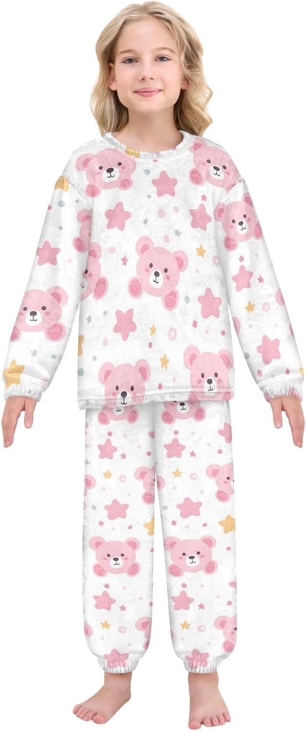 Kids Flannel Sets Pink Bear and Stars Warm Plush Relaxed Clothing for Boys and Girls