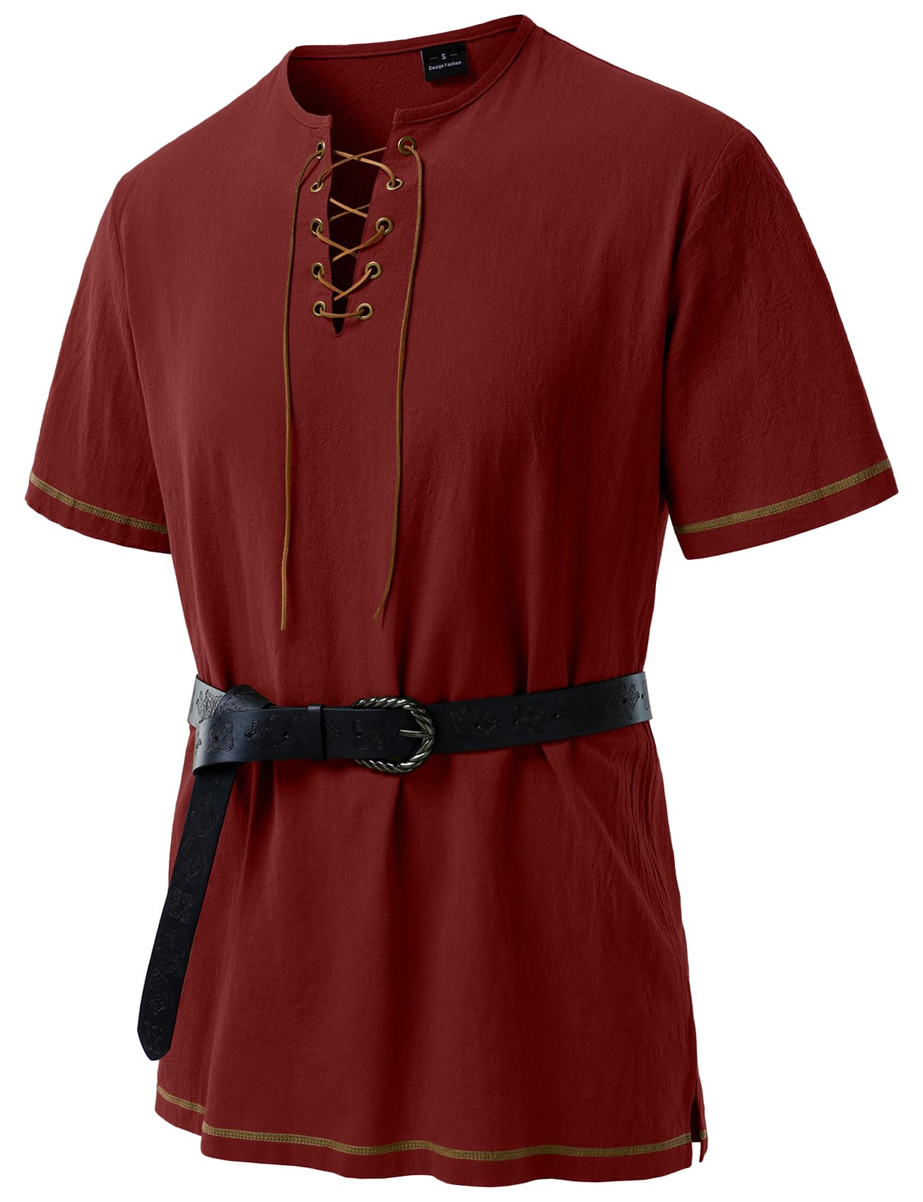JEMITOP Men's Renaissance Costume Retro Short Sleeves Lace Up Shirts Tunic for Pirate Viking Medieval Halloween Cosplay Without Belt Rust Red S โ image 1