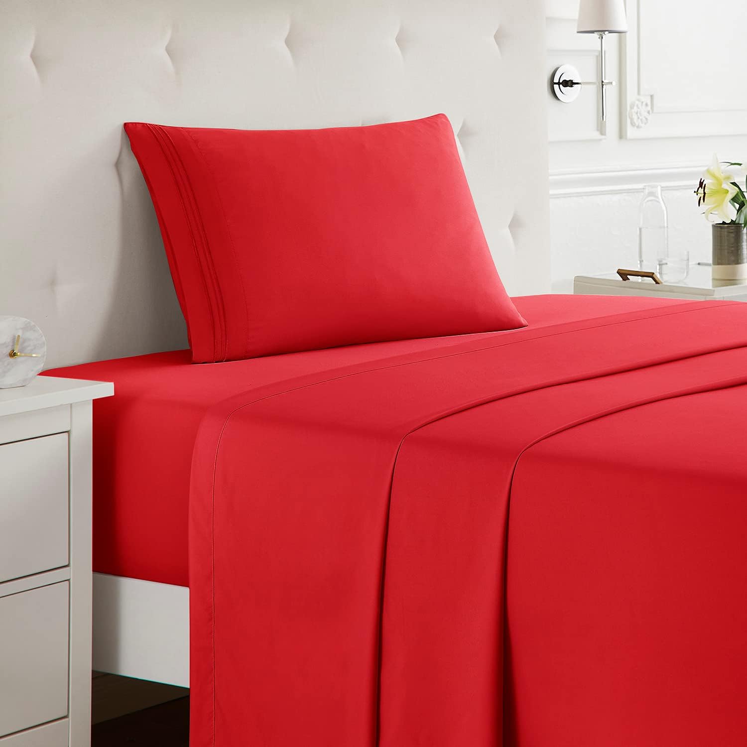 Nestl Kids Deep Pocket Twin XL Sheets: 3 Piece Bed Sheets with Fitted Sheet, Flat Sheet, Pillow Case - Extra Soft Bedsheet Set with Deep Pockets for Twin XL Size - Cherry Red