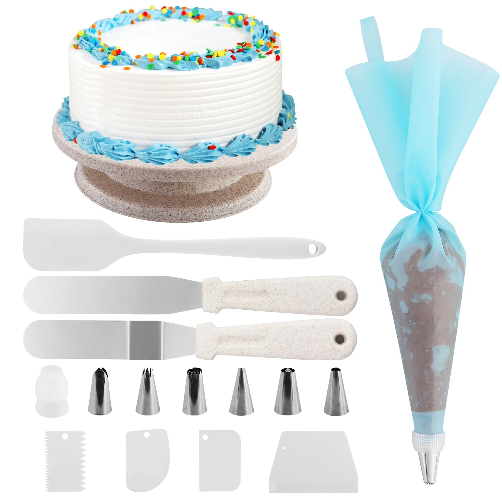 Espositore per torta rotante, vassoio per torta, vassoio girevole, kit per decorazione torta, tavolo per decorazione torta con raschietto per torta, spatola, sacchetti per portalampada e