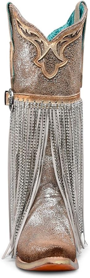 Corral Boots Womens Silver-Gold Finish With Crystal Fringe Harness And Studs Snip Toe Casual Boots Mid Calf Mid Heel 2-3" - Gold, Silver