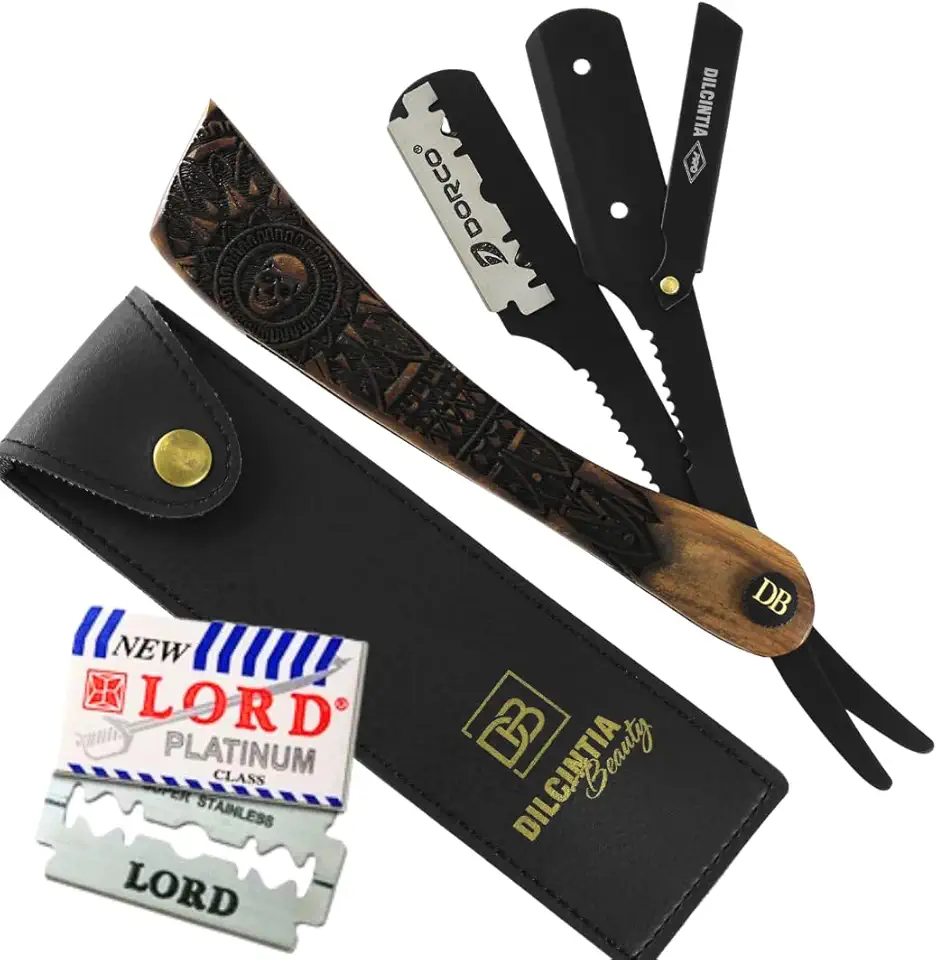 Navalhete para Barba Navalha Profissional Cabo Madeira Nobre Talhada Aço Inox + Case Dilcintia