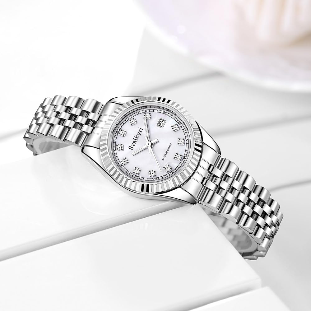 Classic Watch for Women with Solid Stainless Steel Band and Calendar Water Resistant - Image 7