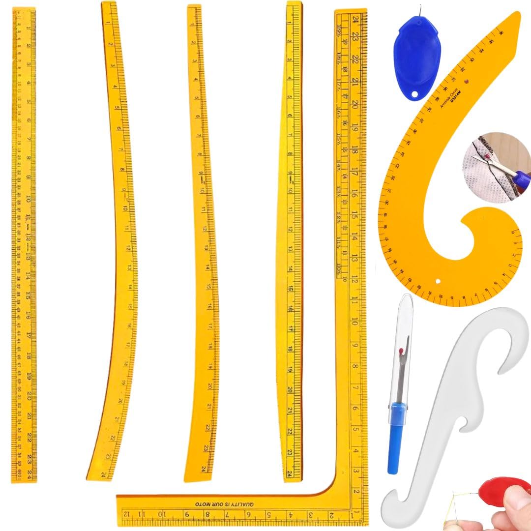 Artonezt Tailoring Stitching Yellow Fashion Designing Scale Kit Sewing Pattern Making Ruler Set Tools and Accessories Tailor Armhole Curve Ruler, Dressmaker Yardstick Tools Set of 9-image-49
