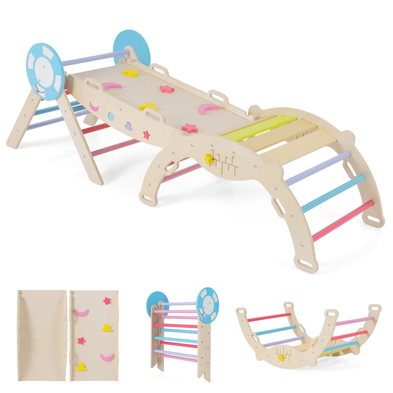 RELAX4LIFE Set da Arrampicata per Bambini, Triangolo di Arrampicata con Scivolo e Arco, Gioco di Incastri in Legno, Gioco Montessori per Bambini 1+ Anni (Marinaio-3 Pezzi | Colorato)