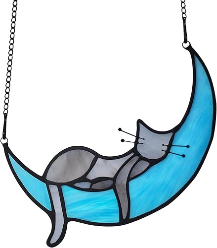 BOXCASA Gato durmiendo en la luna, colgantes de vitrales hechos a mano, atrapasueños para gatos, regalos de gatos para amantes de los gatos, adorno