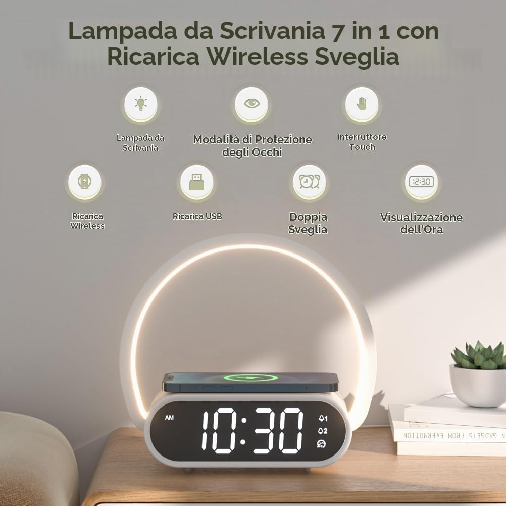 Comodino Lampada con Ricarica Wireless 15W, Sveglia Digitale Doppia Alarme, 3 Regolazioni Luminosità Touch Control, Luce LED per Camera da Letto, Ufficio