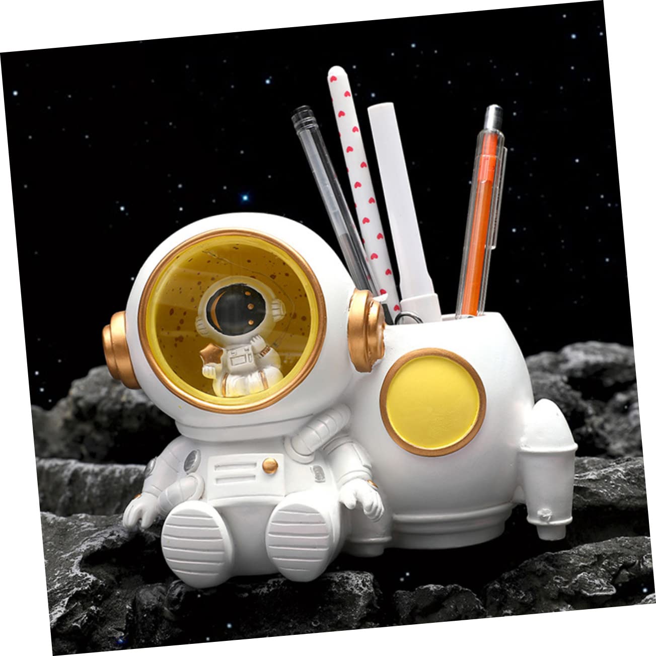 Gatuida Portapenne Astronauta con Luce Porta Penne per Scrivania in Resina Bianco Grande Capacità per Organizzare Cancelleria e Biglietti da Visita