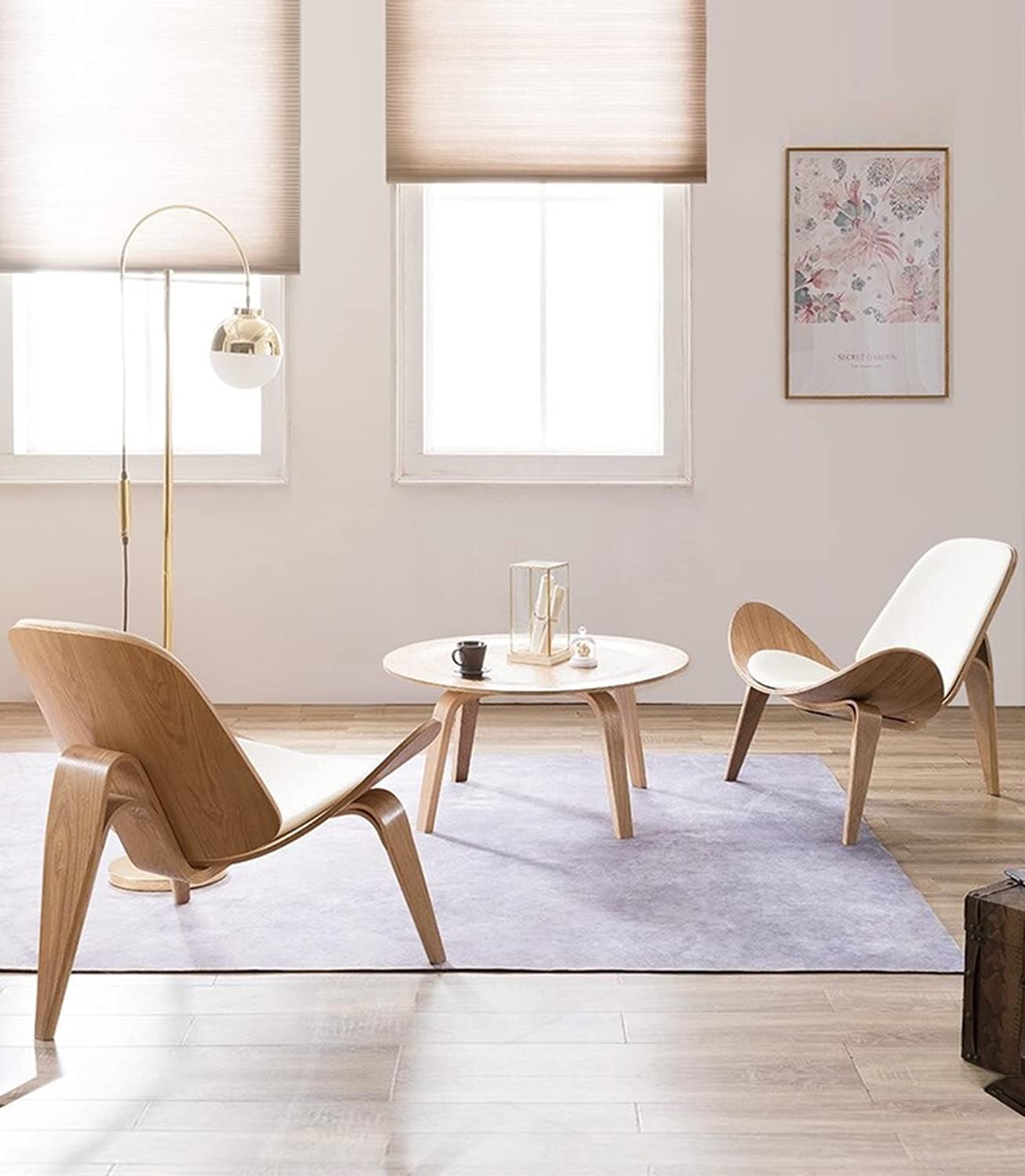 ZEFISON Hans Wegner Style Three- Legged Shell Chair Ash Plywood White Faux Leather Accent Chair Living Room Furniture Mid-Century Modern Shell Chair (Wood Color-White)