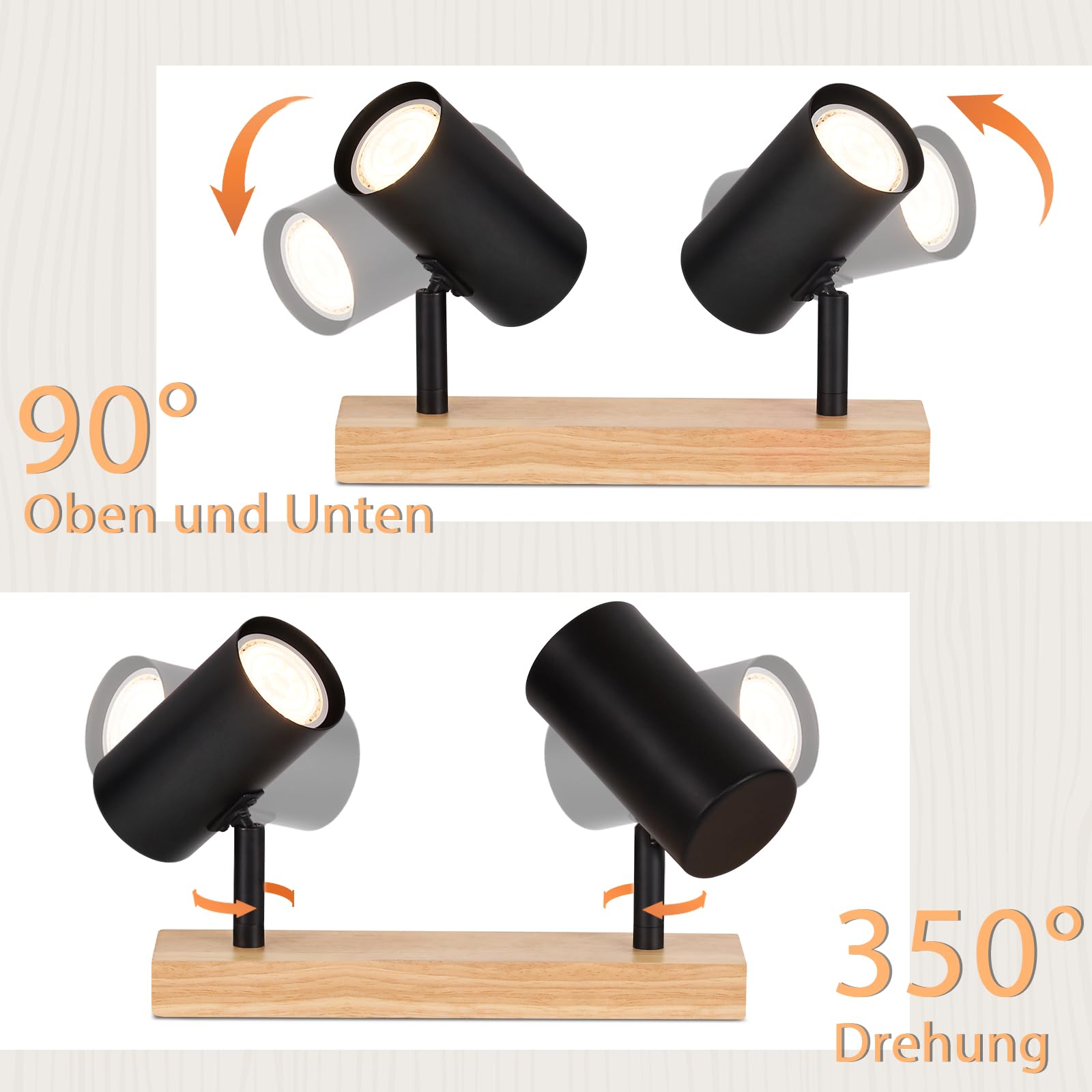Glitzerlife Deckenstrahler 2 Flammig Deckenlampe Holz - Flurlampe Deckenspots GU10 Deckenleuchte Schwarz 350° Schwenkbar Vintage Industrial Retro für Flur Wohnzimmer Schlafzimmer Küche Esszimmer