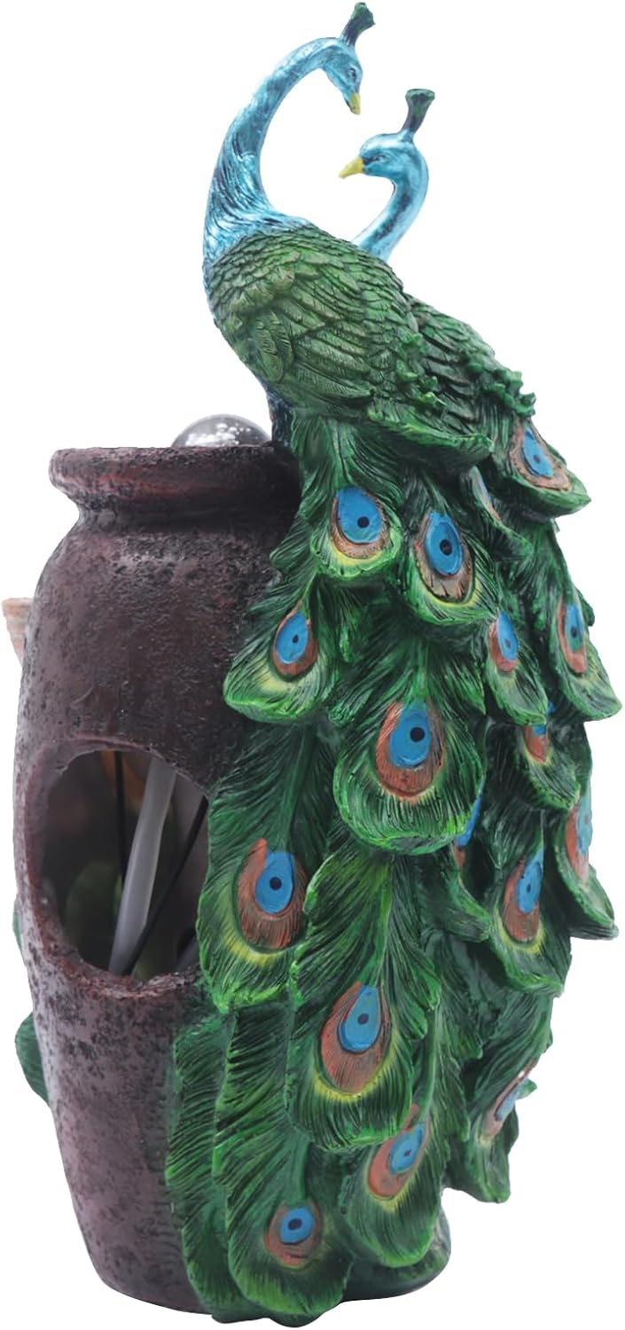 Elegant Indoor Water Fountains with LED Crystal Ball Peacock Shape Resin Feng Shui Ball Fountain Small Desktop Waterfall Fountain for Home Living Room Bedroom Office Decor