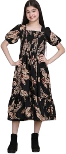 ROYALTAYLOR Girl Kids Classic Casual Floral Print gathring Dresses &amp; Gown Design No P260AA_Black_13-14