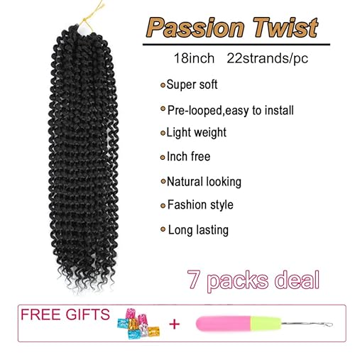 Passion Twist Hair 18 Inch Water Wave Black Color Synthetic Bohemian Knotless Braids For Bomb Twist Locs Crochet Braiding Hair Long Curly Hair 7 Packs (18Inch, 1B) #TOP2