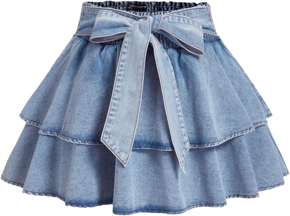 WDIRARA Women's Plus Size Bow Mini Denim Skirt Layered Ruffle Elastic Waist A Line Jean Skirts