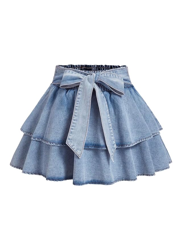 Womens Plus Size Denim Mini Skirt Y2k Bow Tie Knot Ruffle Tiered Short Jean Skirts