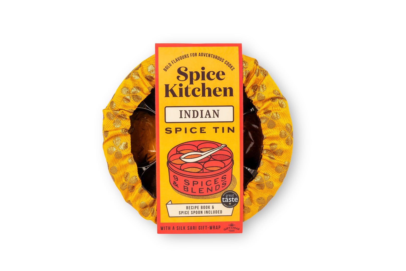 Spice Kitchen Indian Spice Tin, 9 Premium Indian Cooking Spices with Award-Winning Garam Masala and Hand Sewn Silk Sari Cover