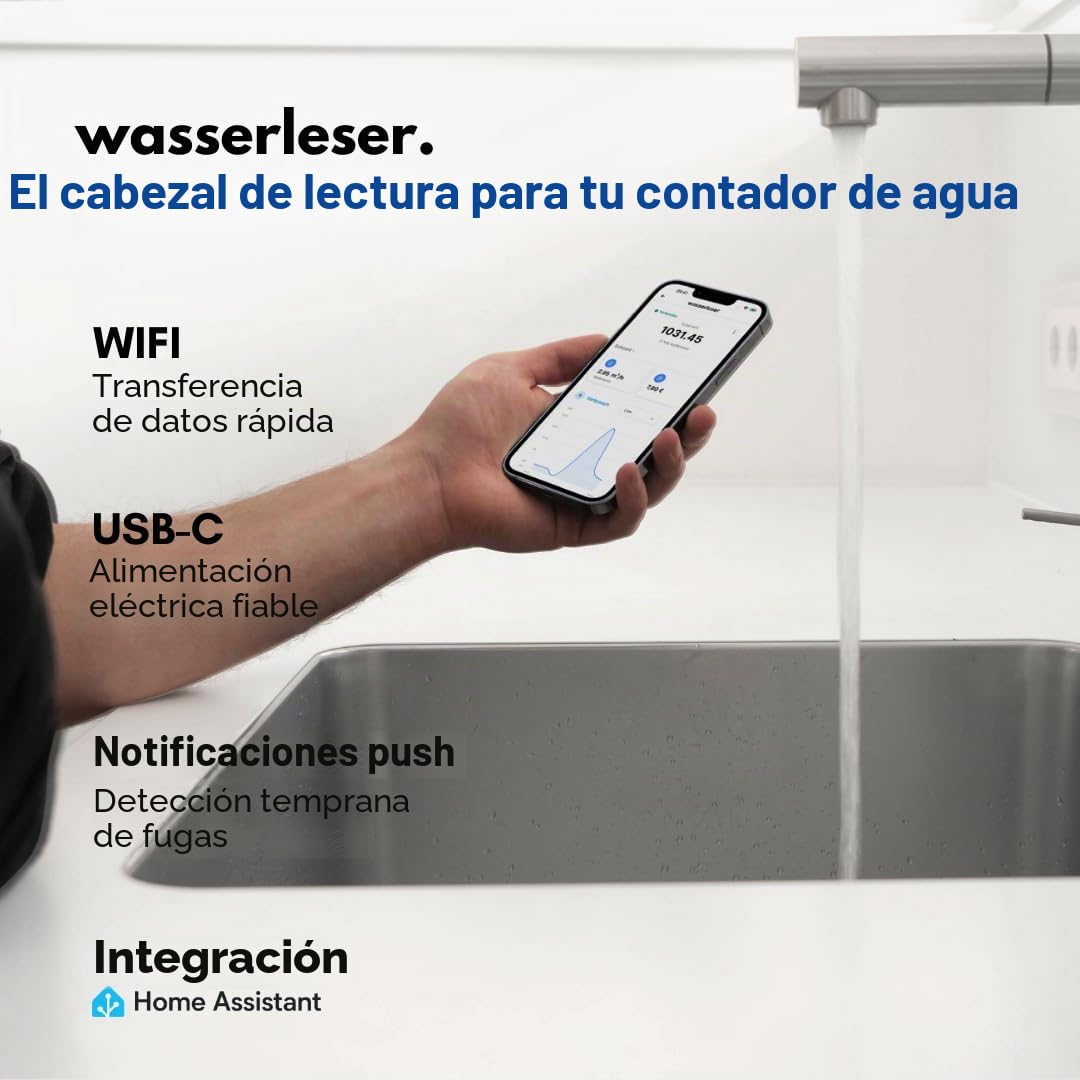 WiFi Medidor de agua de lectura y sensor de agua para instalación posterior, monitoreo del consumo en tiempo real, análisis de la aplicación, Home Assistant, detección de fugas con alarma