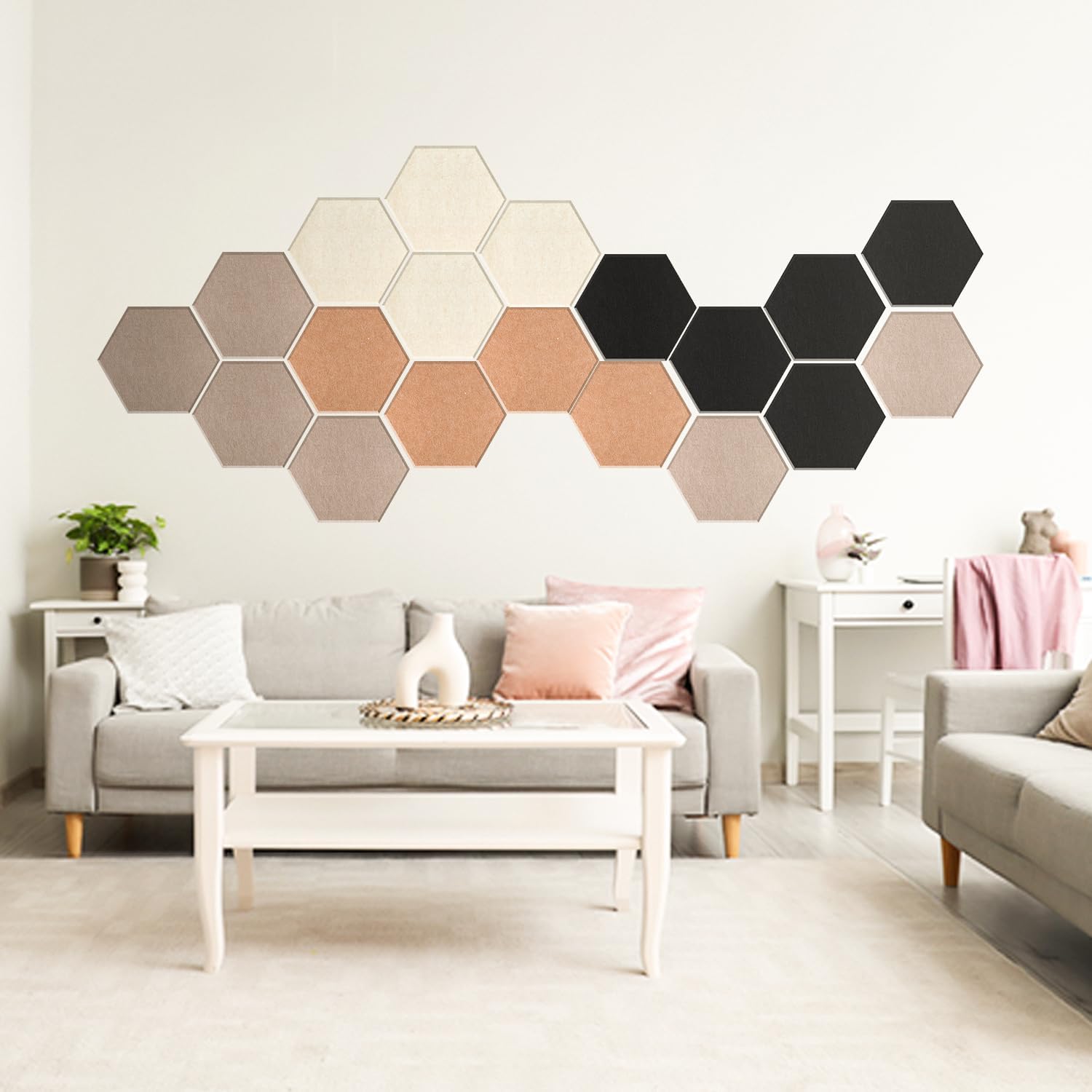 Mollywell Hexagon Acoustic Panels 14x12 - Reduce Echo & Reverb, Noise Blocking Wall Tiles for Living Room & Bedroom, Deep Camel, Deep Brown, Black, Beige Sound Absorbing Panels