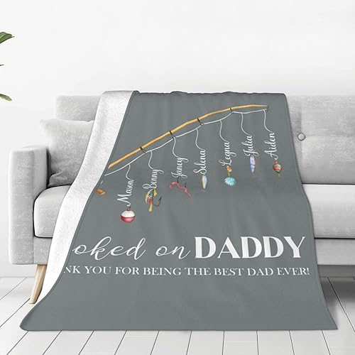 Hooked On Daddy - Manta personalizada con nombres de niños del 1 a 10 años, manta personalizada para papá, manta de viaje de pesca, manta para papá,